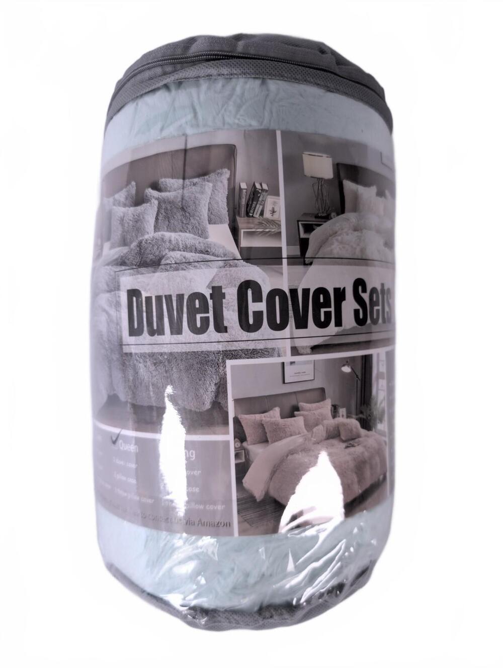 Shaggy Plush Duvet Cover Set Faux Fur Bedding Queen Aqua